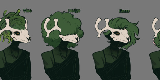 afro alternate_hairstyle anthro antlers black_clothing black_sclera black_topwear bone clothed clothing female female_anthro green_body green_hair grey_background hair horn jewelry necklace off_shoulder simple_background skull skull_head solo topwear conditional_dnp welwraith scraper_city wicker_(welwraith) deer mammal hi_res