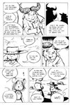 alcelaphine antelope anthro bovid clothing comic cowboy_hat dialogue english_text female gnu group hat headgear headwear hi_res jamil_gonzalez jasper_gold_(character) lagomorph leporid male mammal money monochrome murid murine poncho rabbit rodent straw_in_mouth text the_tale_of_jasper_gold trio western wild_west