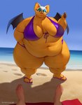 2023 anthro barefoot bat bat_wings beach belly belly_overhang big_belly big_breasts biped bottle breasts cleavage clothed clothing colored_nails container detailed_background digital_media_(artwork) double_chin duo eyelashes fat_arms feet female female_focus first_person_view flip_flops footprints footwear glistening_eyelids grainy green_eyes hand_on_hip hi_res holding_bottle holding_container holding_object huge_breasts huge_thighs human humanoid_feet hyper lidded_eyes lips looking_at_viewer looking_down looking_down_at_viewer mammal membrane_(anatomy) membranous_wings morbidly_obese morbidly_obese_anthro morbidly_obese_female nails narrowed_eyes navel obese obese_anthro obese_female orange_body orange_skin outside overweight overweight_anthro overweight_female pink_lips pink_nails plantigrade purple_clothing purple_swimwear rouge_the_bat sand sandals sea seaside sega shadow signature sky smile solo_focus sonic_the_hedgehog_(series) standing sunscreen swimwear thick_thighs toes totesfleisch8 towel water wide_hips wings