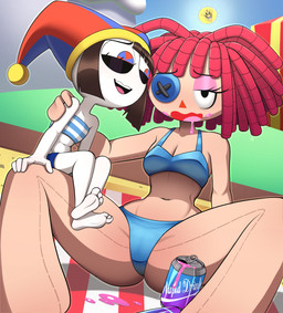 3_toes 4_fingers bandeau_bikini beach beach_towel bikini black_eyes black_eyeshadow blue_bikini blue_clothing blue_eyes blue_sky blue_swimwear bob_cut breasts brown_hair butt butt_from_the_front button_(fastener) button_eyes cleavage clothed clothing curvy_figure day detailed_background doll duo eyelashes eyeshadow feet female fingers fool's_hat hair hat headgear headwear light-skinned_female light_body light_skin makeup multicolored_eyes navel not_furry open_mouth open_smile outside pink_eyeshadow rag_doll_(toy) red_eyes red_hair short_hair sitting_on_leg skimpy skimpy_dress sky smile spread_legs spreading stitch_(sewing) strapless_bikini strapless_clothing strapless_swimwear stupid_sauce swimwear thick_thighs toes towel two-piece_swimsuit two_tone_eyes white_body white_skin barryfactory glitch_productions the_amazing_digital_circus pomni_(tadc) ragatha_(tadc) animate_inanimate humanoid living_doll living_toy 2025 absurd_res digital_drawing_(artwork) digital_media_(artwork) hi_res