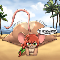 anthro beach bedroom_eyes big_butt brown_body brown_ears brown_fur buckteeth butt cloud crossed_arms day exclamation_point female first_person_view flexible front_view fur green_eyes green_ribbon hair half-closed_eyes huge_butt huge_hips huge_thighs long_hair lying mesugaki mouse_tail multicolored_body multicolored_fur narrowed_eyes on_front on_sand outside palm_tree pink_nose pink_tail plant presenting presenting_hindquarters red_hair ribbons sand sea seductive smile solo speech_bubble splits spread_legs spreading tail teasing teeth text thick_thighs tree two_tone_body two_tone_fur water wide_hips young young_anthro young_female ultimate_mochi_senpai summer_(olliethemouse) house_mouse mammal mouse murid murine rodent 1:1 2026 absurd_res digital_media_(artwork) english_text hi_res