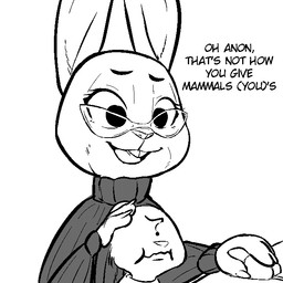 ambiguous_gender anthro buckteeth clothing computer dialogue duo electronics eyewear female glasses simple_background size_difference sweater teeth text topwear white_background young replytoanons disney zootopia anon anthro_anon violet_hopps lagomorph leporid mammal rabbit 1:1 english_text monochrome
