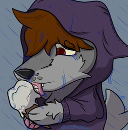 anthro brown_hair clothing dessert eating food fur grey_body grey_fur hair hoodie ice_cream licking male pawpads pink_pawpads pink_tongue raining red_eyes solo tongue topwear wet 2001maxx conditional_dnp maxx_(2001maxx) canid canine canis domestic_dog husky mammal nordic_sled_dog spitz