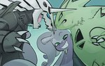 aggron ambiguous_gender angry anthro biped black_body blue_sclera claws clenched_teeth face_squish fight generation_2_pokemon generation_3_pokemon generation_6_pokemon goodra goonie-san green_body green_eyes grey_body group growling hi_res narrowed_eyes nintendo open_mouth pokemon pokemon_(species) purple_body silly_face smile smirk snarling squish teeth text trio tyranitar white_body