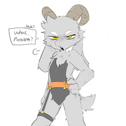 4_fingers annoyed anthro belly belt black_belly curved_horn featureless_crotch fingers fur garter_belt garter_straps grey_body grey_fur hair hand_on_hip horn long_ears looking_at_viewer male nude simple_background solo tail white_background yellow_eyes vitame83 bolgogi bovid caprine goat mammal digital_media_(artwork) hi_res