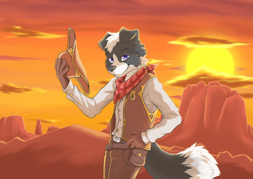 anthro black_body black_fur clothing cloud detailed_background floppy_ears fur hat headgear headwear holding_clothing holding_hat holding_headgear holding_headwear holding_object looking_at_viewer male outside purple_eyes smile solo sunset white_body white_fur ddgio gioseah border_collie canid canine canis collie domestic_dog herding_dog mammal pastoral_dog sheepdog digital_media_(artwork) hi_res