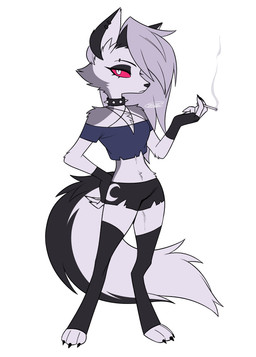 anthro cigarette cigarette_smoke clothed clothing collar crop_top female holding_cigarette holding_object shirt simple_background smoke solo spiked_collar spikes topwear white_background enaic31 hellaverse helluva_boss mythology loona_(helluva_boss) canid canid_demon canine demon hellhound mammal mythological_canine mythological_creature absurd_res hi_res