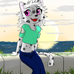 adolescent anthro bangs biped clothed clothed_anthro clothed_female clothing feline_ears feline_tail female female_anthro fluffy fur hair long_hair markings midriff open_mouth open_smile outside pose purple_eyes seaside sitting smile solo spots spotted_body spotted_fur sunset young young_anthro young_female layne(spottycat_layne) layne(cat) felid feline mammal digital_drawing_(artwork) digital_media_(artwork) portrait shaded soft_shading three-quarter_portrait