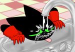 anthro black_body black_fur cape clothing faucet fur green_eyes male red_clothing solo water yasipuke cartoon_network mao_mao:_heroes_of_pure_heart sheriff_mao_mao_mao domestic_cat felid feline felis mammal digital_media_(artwork) meme shaded