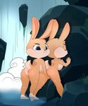 anthro anus bathing big_breasts breasts duo female female/female fingering from_behind_position genitals intraspecies leaning leaning_forward nature outside pussy rock romantic rubbing_pussy sex waterfall unknown_artist softcore_works lagomorph leporid mammal rabbit 5:6 absurd_res hi_res