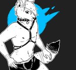 anthro briefs cheek_tuft clothing collar ear_piercing facial_tuft gauged_ear hair hair_over_eye half-closed_eyes harness inner_ear_fluff male narrowed_eyes one_eye_obstructed piercing simple_background solo spiked_collar spikes tuft underwear sinsquest canid canine canis mammal wolf monochrome