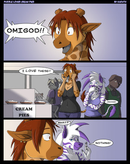 2_horns anthro apron arm_stripes bag black_clothing black_shirt black_text black_topwear blue_eyes breasts brown_body brown_ears brown_eyes brown_face brown_fur brown_horn clothed clothing container covering covering_mouth dairy_products dark_clothing dark_shirt dark_text dark_topwear dessert dialogue dipstick_tail ear_piercing embarrassed eyewear female food fully_clothed fur glasses grey_body grey_ears grey_fur grey_hair grey_tongue group hair hair_bun handbag horn looking_back markings monotone_clothing monotone_hair monotone_shirt monotone_topwear multicolored_body multicolored_face multicolored_fur multicolored_hair multicolored_tail open_mouth orange_body orange_face orange_fur ossicone pastry pie piercing pince-nez pointy_ears prick_ears purple_body purple_clothing purple_ears purple_face purple_fur purple_hair purple_shirt purple_stripes purple_tail purple_topwear purse question red_hair shirt snout speech_bubble spiky_hair striped_arms striped_body striped_fur striped_markings striped_tail stripes t-shirt tail tail_markings tail_tuft talking_to_another text thin_tail tongue topwear tuft two_tone_body two_tone_face two_tone_fur two_tone_hair two_tone_tail whipped_cream white_body white_face white_fur white_hair white_tail wide_eyed conditional_dnp kadath diamond_(kadath) puzzle_(kadath) equid equine giraffe giraffid mammal zebra 2010 comic digital_media_(artwork) english_text