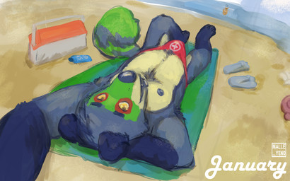 anthro blue_body blue_hair clothing dipped_ears ear_piercing ear_tuft facial_markings gloves_(marking) hair head_markings leg_markings markings mask_(marking) orange_eyes piercing socks_(marking) speedo striped_markings striped_tail stripes swimwear tail tail_markings tuft malle_yeno canid canine canis mammal raccoon_dog wolf 16:10 widescreen