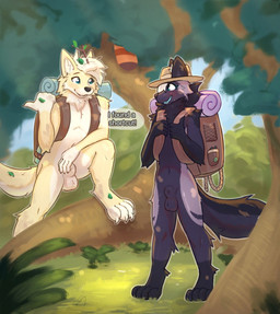 animal_genitalia anthro casual_nudity duo forest genitals male male/male nature nude nude_hiking nudist outdoor_nudity plant public public_nudity sheath social_nudity speech_bubble tree saneaz canid canine mammal hi_res