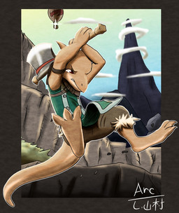 3_toes action_pose anthro axe balloon barefoot bottomwear clenched_teeth clothed clothing countershade_feet countershading digitigrade feet female flat_chested inflatable jumping ledge melee_weapon mountain pants pose red_eyes shoulder_pads soles solo spread_legs spread_toes spreading teeth toes weapon weapon_swing arc_rose zo_(arcrose) kobold scalie digital_drawing_(artwork) digital_media_(artwork) hi_res