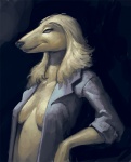 anthro blue_eyes breasts clothing female fur hair long_hair smile solo tan_body tan_fur white_hair ratwell canid canine canis domestic_dog mammal