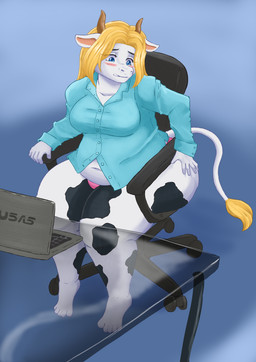 anthro big_breasts blonde_hair blue_clothing blue_eyes blue_shirt blue_topwear blush breasts chair clothed clothing collared_shirt computer dress_shirt electronics female furniture glass_table hair hand_on_hip horn laptop navel office_chair overweight overweight_anthro overweight_female panties pink_clothing pink_panties pink_underwear shirt sitting solo table thick_thighs topwear underwear wide_hips maikeru bovid bovine cattle dairy_cattle holstein_friesian_cattle mammal