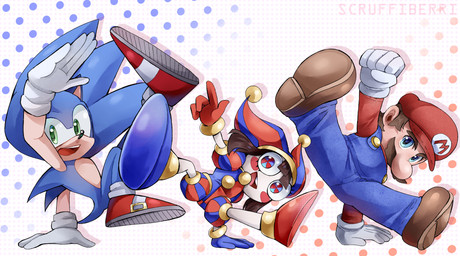 anthro blue_body blush breakdancing clothed clothing dancing female fool's_hat footwear gloves group hair handwear hat headgear headwear jester looking_at_viewer male open_mouth overalls shoes short_hair smile spread_legs spreading tail trio scruffiberri glitch_productions mario_bros nintendo sega sonic_the_hedgehog_(series) the_amazing_digital_circus mario pomni_(tadc) sonic_the_hedgehog eulipotyphlan hedgehog human mammal 2026 absurd_res hi_res