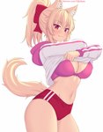 asian_clothing blonde_hair bottomwear bra breasts buruma clothed clothing clothing_lift east_asian_clothing female hair hoodie hoodie_lift japanese_clothing ponytail pupils red_eyes slit_pupils solo topwear underwear fastrunner2024 tiffy_(fastrunner2024) animal_humanoid cat_humanoid felid felid_humanoid feline feline_humanoid humanoid mammal mammal_humanoid 2025 hi_res