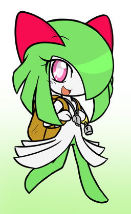 backpack female gradient_background green_background green_body green_hair green_skin hair lock narrow_hips not_furry pink_eyes simple_background solo thin_legs thin_thighs whistle_(object) white_background white_body white_skin rakkuguy nintendo pokemon generation_3_pokemon humanoid kirlia pokemon_(species) 2016