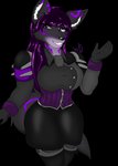 anthro big_breasts bottomwear breasts clothed clothing female fenririan fgmw fur hair inner_ear_fluff jacket legwear markings multicolored_body multicolored_fur purple_eyes purple_hair shirt simple_background skirt smile solo stockings thigh_highs topwear transparent_background tuft wolfeddown canid canine canis mammal wolf absurd_res alpha_channel hi_res