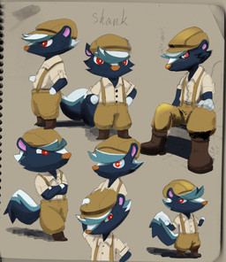 anthro biped black_body black_fur boots bottomwear brown_boots brown_bottomwear brown_clothing brown_footwear brown_hat brown_headwear brown_pants clothed clothed_anthro clothed_male clothing collared_shirt crossed_arms dress_shirt fluffy fluffy_tail footwear fur gesture hand_on_hip hat headgear headwear male male_anthro multiple_poses newsboy_cap pants pose red_eyes shadow shirt shoes short short_anthro short_male shrug sitting solo standing suspenders tail tan_dress_shirt text topwear white_body white_fur igaragi animal_crossing nintendo kicks_(animal_crossing) mammal mephitid skunk absurd_res character_name digital_media_(artwork) graphite_(artwork) guide_lines hi_res mixed_media multiple_images sketch traditional_media_(artwork)