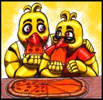 5_fingers anthro arm_around_shoulders beak bib bib_only black_border black_eyebrows black_eyewear black_glasses border brown_eye clothed clothed_anthro clothed_female clothing duo eating eating_food eye_contact eyebrows eyewear female fingers food food_on_face furniture glasses heterochromia holding_food holding_object holding_pizza larger_anthro larger_female light looking_at_another machine pink_eyes pizza pizza_slice rectangular_glasses red_beak red_clothing red_eyes red_shirt red_t-shirt red_topwear shirt simple_background size_difference smaller_anthro smaller_female t-shirt table thick_eyebrows topwear white_bib yellow_background yellow_body tehcreechibi five_nights_at_freddy's scottgames chica_(fnaf) cree_the_chicken fan_character animatronic avian bird chicken galliform gallus_(genus) phasianid robot 2014 colored colored_pencil_(artwork) english_description lighting marker_(artwork) shaded traditional_media_(artwork)