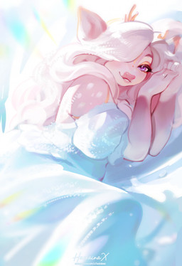 anthro antlers biped breasts clothed clothed_anthro clothed_female clothing female fingers fur hair horn looking_at_viewer lying on_side smile solo teeth hackainax deer mammal 2026 digital_drawing_(artwork) digital_media_(artwork) hi_res