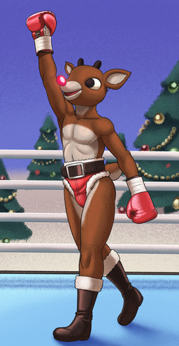 anthro antlers belt blue_sky boots bottomwear boxing boxing_gloves brown_body brown_fur clothing costume evergreen_tree fighting_ring footwear fur fur_lined_clothing glowing glowing_nose handwear horn male pine_tree plant raised_arm santa_costume shoes sky snow solo sport tree dcheese rudolph_the_red-nosed_reindeer_(tv_special) rudolph_the_red-nosed_reindeer deer mammal new_world_deer reindeer absurd_res hi_res