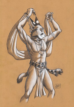5_fingers animal_genitalia anthro armlet bottomwear bracelet clothing collar dancing detached_sheath ear_piercing ear_ring eunuch fingers fur fur_markings genitals holding_object ineffective_clothing ineffective_loincloth jewelry loincloth looking_at_viewer male markings necklace piercing ring_piercing sheath slave small_sheath smile solo standing tail translucent translucent_clothing white_sheath 0laffson nasir_(0laffson) caracal caracal_(genus) felid feline mammal 2020 hi_res signature toned_paper traditional_media_(artwork)