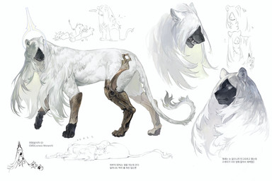 alternate_species ambiguous_gender bared_teeth black_face claws fangs feral fur hair long_fur long_hair long_tail lying on_side paws prosthetic prosthetic_arm prosthetic_leg prosthetic_limb solo standing tail tail_tuft teeth tuft white_body white_eyes white_fur eymott hollow_knight:_silksong hollow_knight_(franchise) team_cherry grand_mother_silk felid lion mammal pantherine 2026 absurd_res digital_media_(artwork) digital_painting_(artwork) hi_res korean_description model_sheet painting_(artwork) sketch