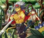 5_fingers abs barefoot belt blue_eyes bottomwear cape carrying_another clothed clothing coat_cape day detailed_background duo eye_scar facial_scar feet fingers footwear forest fur grey_hair hair holding_character holding_object holding_weapon humanoid_hands jewelry male melee_weapon muscular muscular_male necklace nipples open_mouth outside pants plant scar shirt shoes short_hair size_difference tan_body tan_skin topless topwear tree vines walking weapon yellow_body yellow_fur mamaduo bandai_namco digimon bancholeomon digimon_(species) felid human mammal