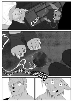 anthro beard cigarette clothing concrete concrete_floor dark_hair duo explosives facial_hair facial_piercing footwear gas_grenade grenade inside male male/male muscular muscular_anthro muscular_male nose_piercing onomatopoeia piercing sandals shirt shoes smoking sound_effects surprised tank_top text topwear weapon viola_bat canid canine canis domestic_dog mammal pit_bull absurd_res comic greyscale hi_res monochrome