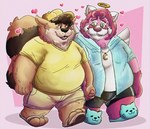 anthro belly bottomwear brown_body clothing duo footwear hand_holding hat headgear headwear heart_symbol male male/male overweight overweight_male pink_body sandals shirt shoes shorts simple_background topwear walking 06junior11 canid canine mammal raccoon_dog tanuki 2023 hi_res