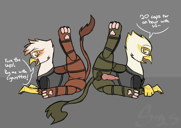 anus armor balls bedroom_eyes dialogue duo female feral genitals knot male narrowed_eyes presenting seductive vulva sombird mythology avian gryphon mythological_avian mythological_creature hi_res
