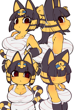 :< alternate_hairstyle anthro armor bandage bangs big_breasts blue_hair blunt_bangs blush blush_lines bodily_fluids breasts cleavage clothed clothing female fur hair hair_over_eyes hands_behind_back huge_breasts long_hair looking_at_viewer markings ponytail red_eyes shy simple_background solo striped_markings striped_tail stripes sweat sweatdrop tail tail_markings twintails_(hairstyle) uraeus vambrace white_background white_clothing wraps yellow_body yellow_fur yellow_inner_ear fukurou_ya animal_crossing nintendo ankha_(animal_crossing) domestic_cat felid feline felis mammal 2022 hi_res multiple_images