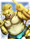 abs anthro bulge clothing detailed_bulge fur green_eyes hair male muscular muscular_anthro muscular_male navel nipples overweight overweight_male pecs ponytail solo speedo striped_body striped_fur stripes swimwear yellow_body yellow_fur kt0414143919 lifewonders tokyo_afterschool_summoners macan_(tas) felid mammal pantherine tiger hi_res