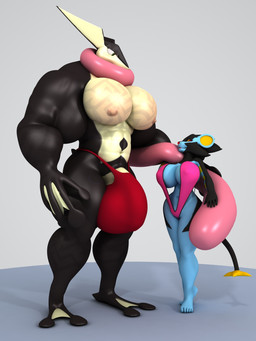 abs anthro biceps big_breasts big_bulge big_muscles breasts bulge cleavage clothed clothing duo female flaccid genitals hair huge_bulge huge_muscles hyper hyper_bulge hyper_muscles long_tongue looking_at_viewer male male/female muscular muscular_male navel nipples non-mammal_breasts pecs penis penis_base simple_background size_difference smile speedo standing swimwear tongue tongue_out anthroanim nintendo pokemon fan_character sebastian_greninja shizuma_luxray amphibian generation_4_pokemon generation_6_pokemon greninja luxray pokemon_(species) 2016 3:4 3d_(artwork) digital_media_(artwork) hi_res