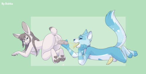 3_toes 4_toes all_fours anatomically_inaccurate anatomically_inaccurate_pawpads animal_genitalia animal_penis anthro anus areola balls black_pawpads bodily_fluids breasts butt drinking drinking_urine duo erection feet feline_genitalia feline_penis fur genital_fluids genitals gynomorph gynomorph/male gynomorph_peeing gynomorph_peeing_on_male hair half-closed_eyes hand_on_penis holding_penis humanoid_genitalia humanoid_penis intersex intersex/male intersex_peeing looking_back lying male male_peed_on narrowed_eyes nipples nude on_front open_mouth pawpads paws peeing peeing_in_mouth peeing_on_another penile_spines penis penis_backwards simple_background smile soles tail toes tongue tongue_out urine urine_in_mouth urine_stream watersports dishka domestic_cat felid feline felis lagomorph leporid mammal rabbit digital_media_(artwork)
