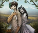 5_fingers anthro black_hair black_nose blue_eyes brown_body brown_fur clothed clothing day detailed_background eyebrows eyelashes female fingers fur hair male outside sky smile white_body white_fur amur canid canine canis mammal wolf 2021 digital_media_(artwork)