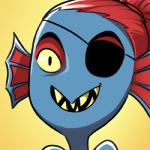 ear_fins eye_patch eyewear fin gradient_background hair open_mouth ponytail red_hair sharp_teeth simple_background smile solo teeth cubewatermelon undertale undertale_(series) undyne fish marine 1:1 headshot_portrait icon low_res portrait