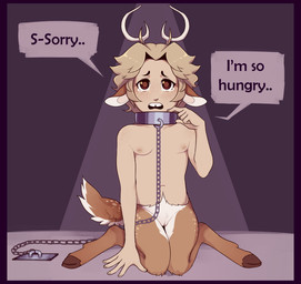 andromorph andromorph_humanoid antlers bodily_fluids border bound brown_eyes chain chained clitoris collar detailed_background dialogue ears_down freckles front_view genitals hand_on_ground hooves horn intersex intersex_humanoid kneeling nude open_mouth pivoted_ears purple_border slave solo split_form talking_to_viewer tears teeth text tooth_gap vulva young young_andromorph young_humanoid young_intersex hillbillysexual memphis_(hillbillysexual) deer humanoid mammal satyr english_text hi_res