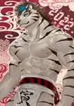 abs anthro biceps black_stripes blue_eyes cjk_character fur inner_ear_fluff male muscular muscular_anthro muscular_male pecs solo striped_body striped_fur stripes tuft white_body white_fur sky_gomi chinese_zodiac year_of_the_tiger felid mammal pantherine tiger 2022 hi_res