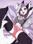 anthro bedding bedding_background black_clothing black_legwear black_nose black_thigh_highs blush bra breasts cellphone cheek_tuft chest_tuft clothed clothing collar ear_piercing ear_ring electronics facial_tuft fangs female female_anthro fluffy fluffy_tail front_view grey_hair hair hands_behind_head harness high-angle_view legs_up legwear long_hair looking_at_viewer looking_up lying navel nipples occult_symbol on_back open_mouth open_smile panties panties_down partially_clothed pentagram pentagram_harness phone piercing pink_clothing pink_panties pink_underwear pupils red_sclera ring_piercing screen screen_glow slit_pupils smartphone smile solo spiked_collar spikes spread_legs spreading symbol tail teeth thigh_highs translucent translucent_bra translucent_clothing translucent_panties translucent_underwear tuft underwear underwear_down uvula white_eyes white_glow ricky945 helluva_boss mythology loona_(helluva_boss) canid canid_demon canine canis demon hellhound mammal mythological_canine mythological_creature wolf 2021 absurd_res hi_res