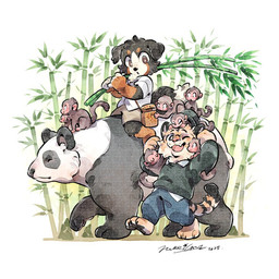 ambiguous_gender anthro bamboo barefoot black_clothing black_sweater black_topwear bottomwear clothing eyewear feet feral glasses group holding_bamboo looking_down male pants riding shirt size_difference smile sweater tail topwear animalk bear felid giant_panda haplorhine mammal monkey pantherine primate tiger 1:1 2025 digital_media_(artwork)
