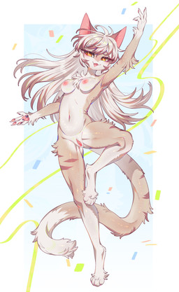4_toes andromorph anthro anus athletic athletic_female dancing feet female fur genitals grey_hair hair intersex long_hair orange_body orange_fur presenting presenting_anus presenting_vulva solo standing toes vulva spbak frocloud felid feline humanoid mammal absurd_res hi_res