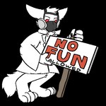 anthro black_background fur gas_mask gas_mask_face latex male mask red_eyes sign simple_background solo white_body white_fur unknown_artist changed_(video_game) no_fun_allowed dr._k_(changed) canid canine latex_creature living_latex mammal aliasing digital_media_(artwork) source_request