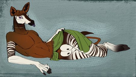 anthro bottomwear breasts clothing crotch_breasts female flat_chested hooves jewelry loincloth navel necklace nipples solo tongue twistedteeth giraffid mammal okapi hi_res