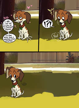 brown_body brown_ears brown_fur clover_(plant) clover_leaf collar collar_tag dialogue dog_park dreamy_eyes ellipsis eunuch feral floppy_ears fur half-closed_eyes heart_symbol hearts_around_head interrobang leaf looking_aside looking_down male multicolored_body multicolored_fur narrowed_eyes plant poof poof_effect sigh sitting solo speech_bubble tail tail_motion tailwag text toony white_body white_fur yogirt_fizz fixed_(film) lucky_(fixed) canid canine canis domestic_dog hunting_dog jack_russell_terrier mammal terrier comic english_text hi_res