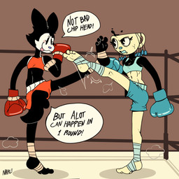 4_toes anthro black_body black_fur bottomwear boxing_gloves clothing cocky_smile container cup dialogue duo feet female fighting_ring foot_wrapping foot_wrappings foot_wraps for_a_head fur handwear kickboxing leg_wraps mouthguard muay_thai muscular muscular_female shorts speech_bubble tall_girl tassels tea_bag tea_cup text toes tongue tongue_out toony wraps fellowthewulf cuphead_(game) studio_mdhr chloe_(fellowthewulf) fan_character miss_tea_(netto-painter) humanoid mammal object_head unknown_species 1:1 comic english_text hi_res